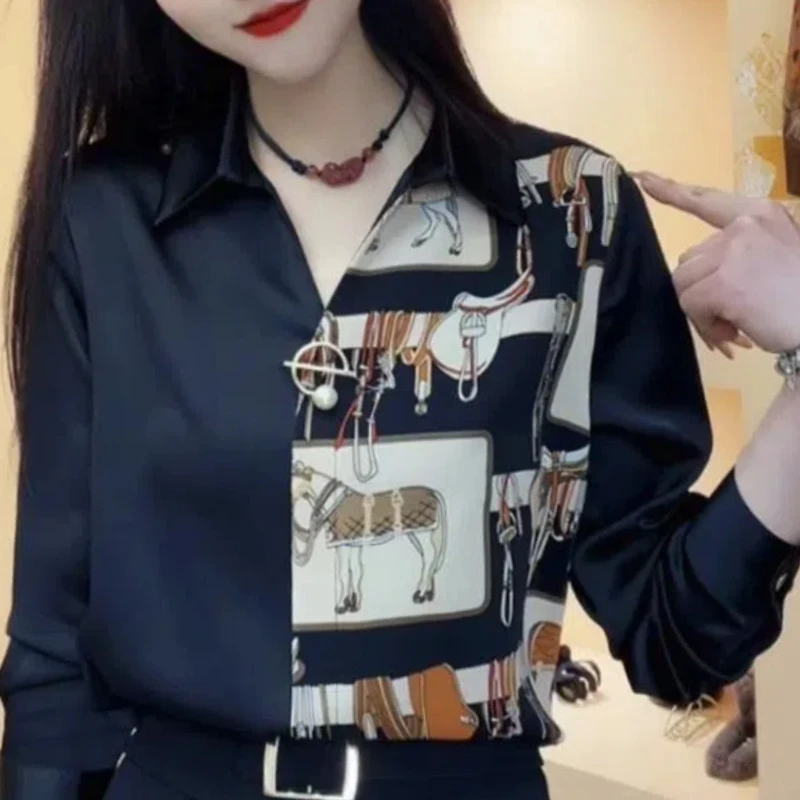 Vintage Fashion Autumn Women\'s POLO Collar Leopard Printing Patchwork Single Breasted Simplicity Loose Long Sleeve Shirt Tops