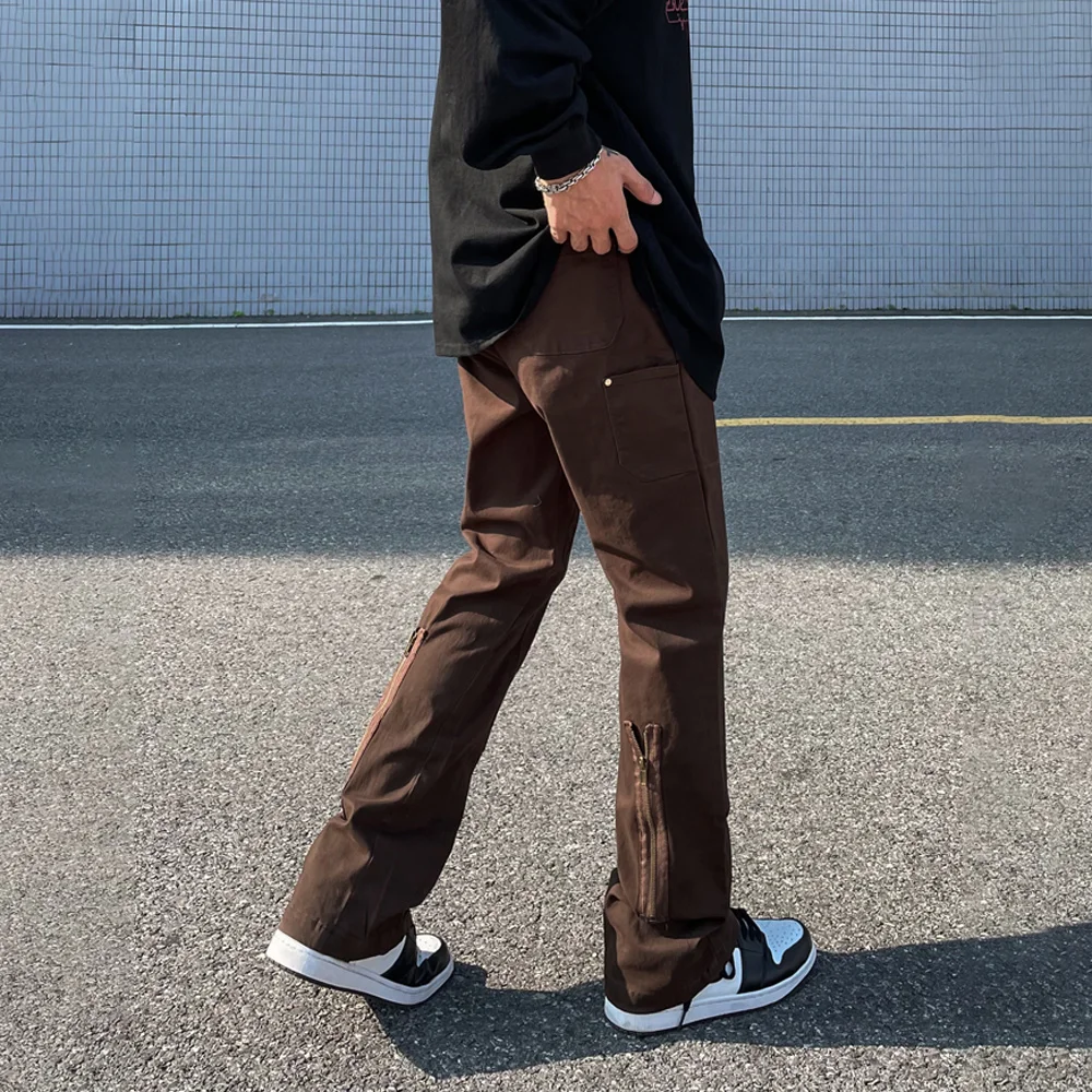 Casual Pants Men Streetwear Fashion Y2k Style Slim High Street Zip Cargo Pantalones Hombre Cool Autumn Fit Trousers Brown Summer