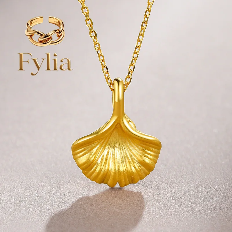 Fylia Jewelry   Luxury 24K 9999 Pure Gold real gold Women's Ginkgo Leaf Pendant Necklace