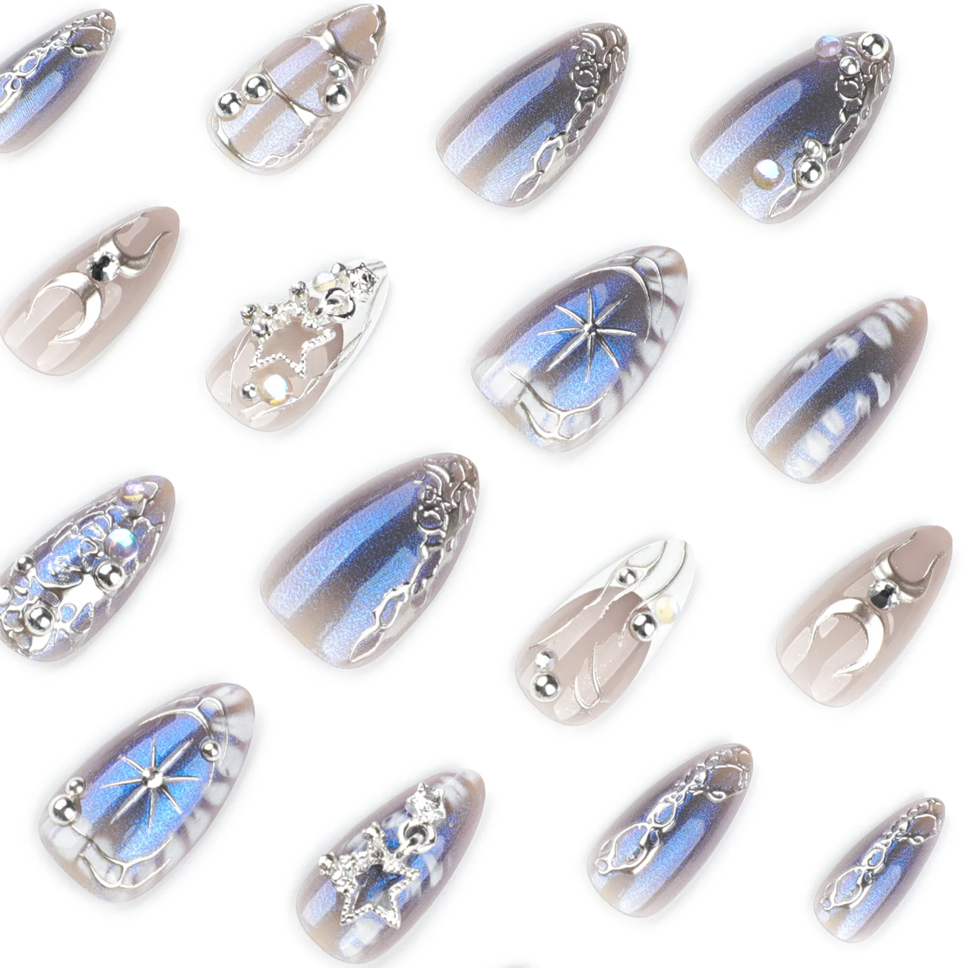 Faux ongles à pression en amande Y2k, 24 pièces, motifs métalliques argentés, étoile 3D, français, doux et frais, pour Spice Girls, pointes portables