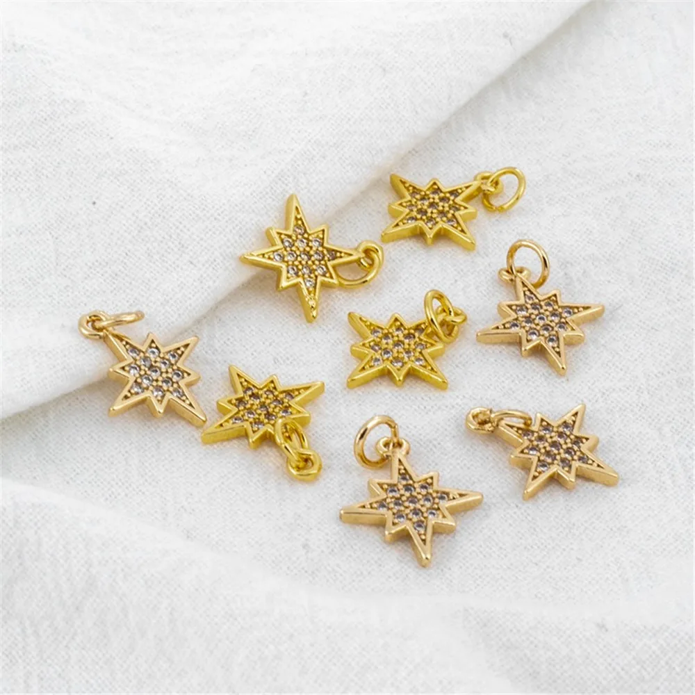 14K Gold Color Plated and Zircon Star Connect Charms Pendants, Jewelry Making Supplies, DIY Accessories, 13mm