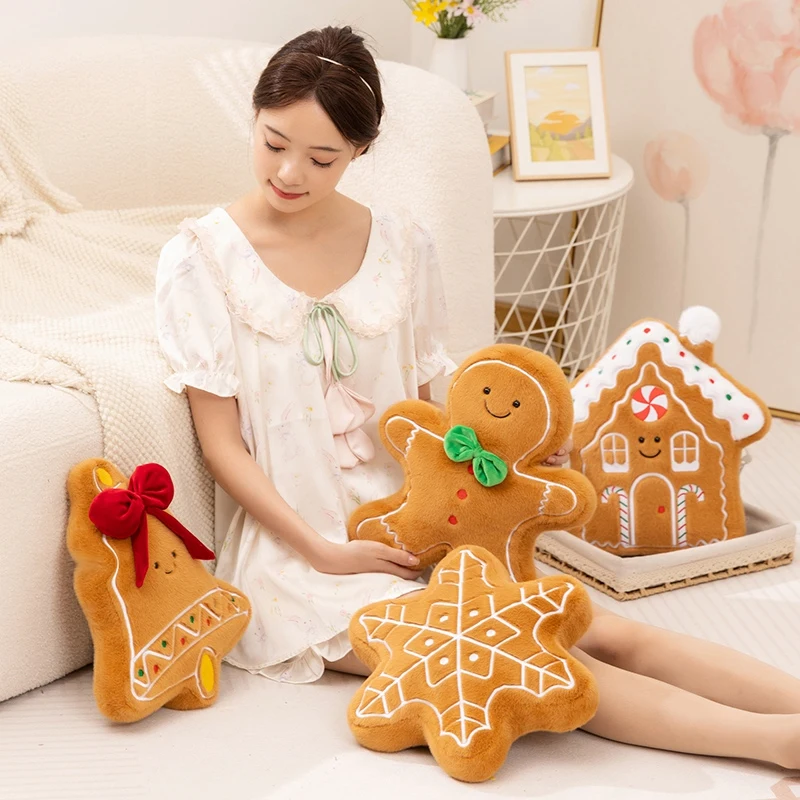 Cartoon Fun 2025 Christmas Gingerbread Plush Doll Pillow Bell Christmas Tree Snowman House Plush Toy Home Decor Gift For Kids