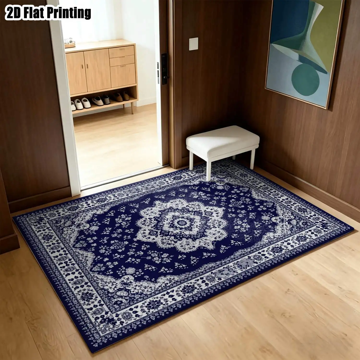 1Pc 2D Printed Dark Blue Base White Floral Retro Carpet: European Style, Geometric Bohemian Motifs, Multi-Size Home Decor Rug, Machine Washable for Entryway, Dining Room, Bedroom, Living Room