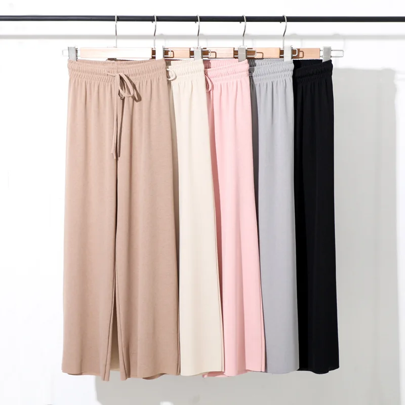 Slacks Women's Loose Summer Pants Soft Ice Silk Ankle-Length Black Wide Leg Pants Grey Khaki Women High Waisted Trousers 2024