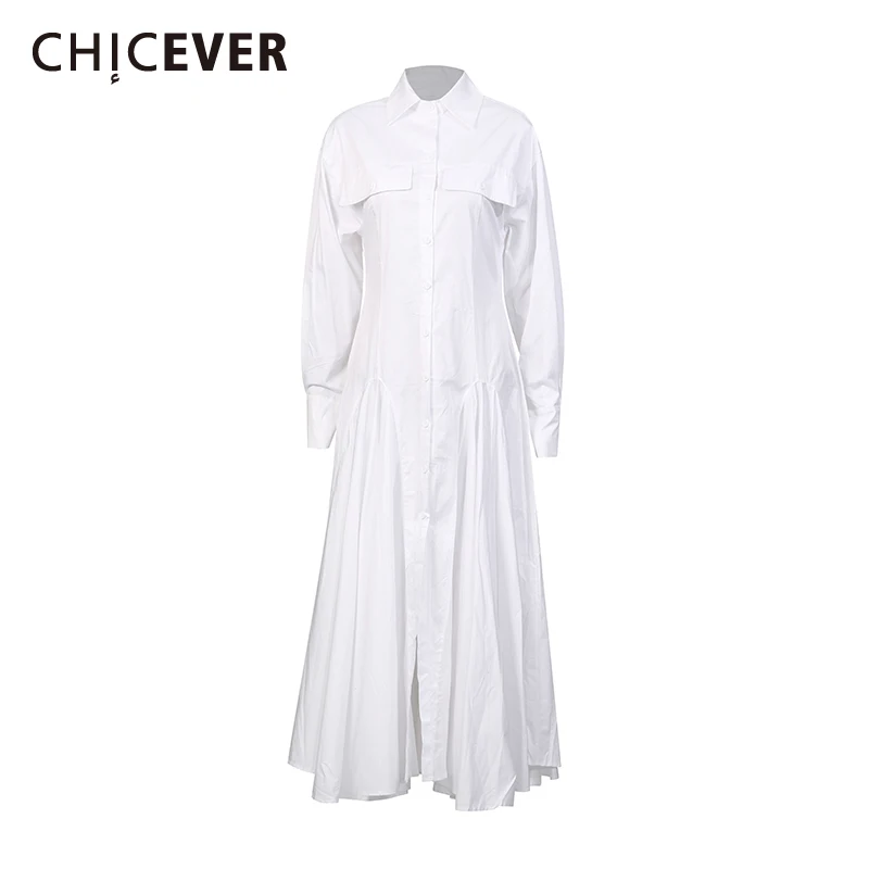 CHICEVER Solid Spliced Folds Dress Female Lapel Long Sleeve Loose Minimalist Intellectual Women's Dresses Autumn Fashion Style