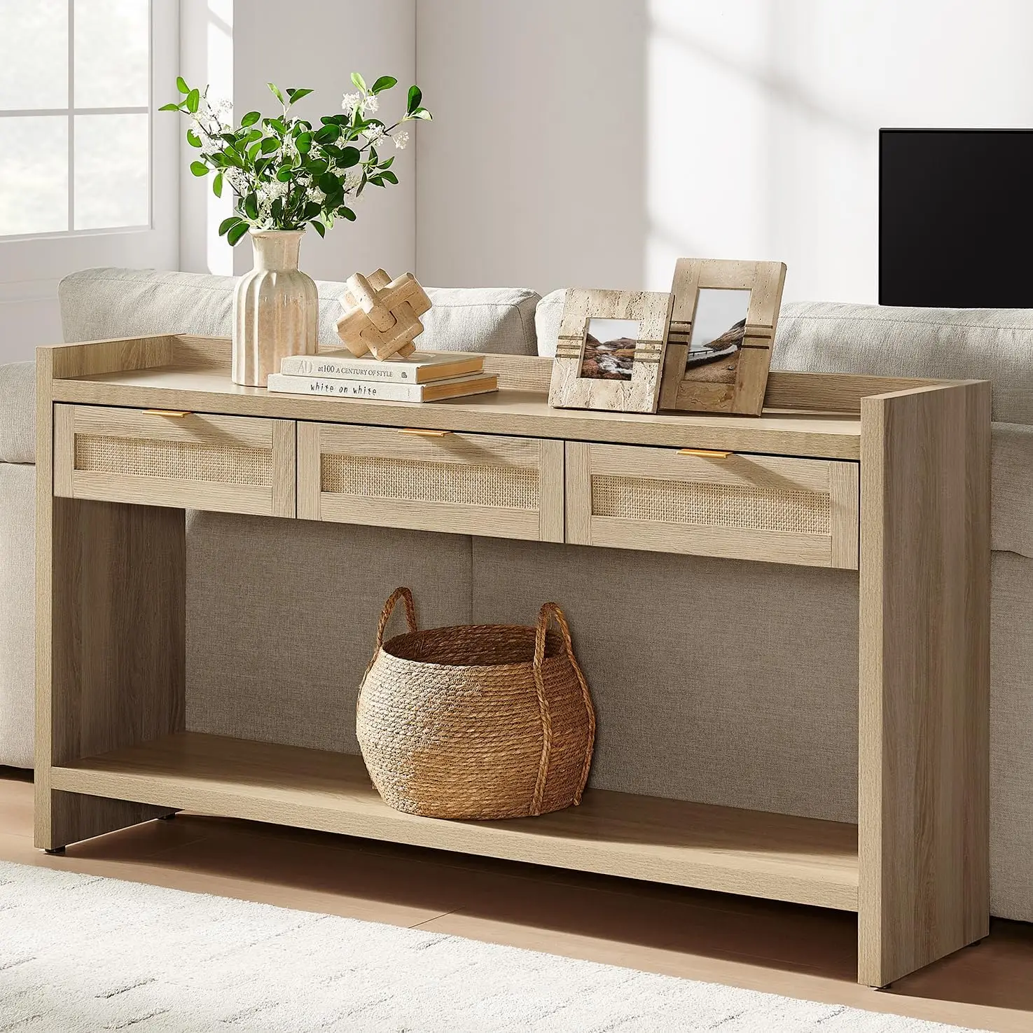 60‑Inch Rattan Farmhouse Console Sofa Table with Storage Drawers, Long Narrow Behind‑Couch Accent Table for Entryway, Hallway, Foyer and Living‑Room