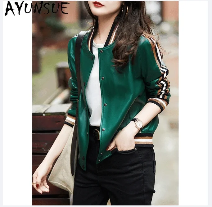 AYUNSUE シープスキン本革ジャケットシングルブレストレディースコートカジュアルベースボールジャケット新 0uterwears Jaqueta De Couro