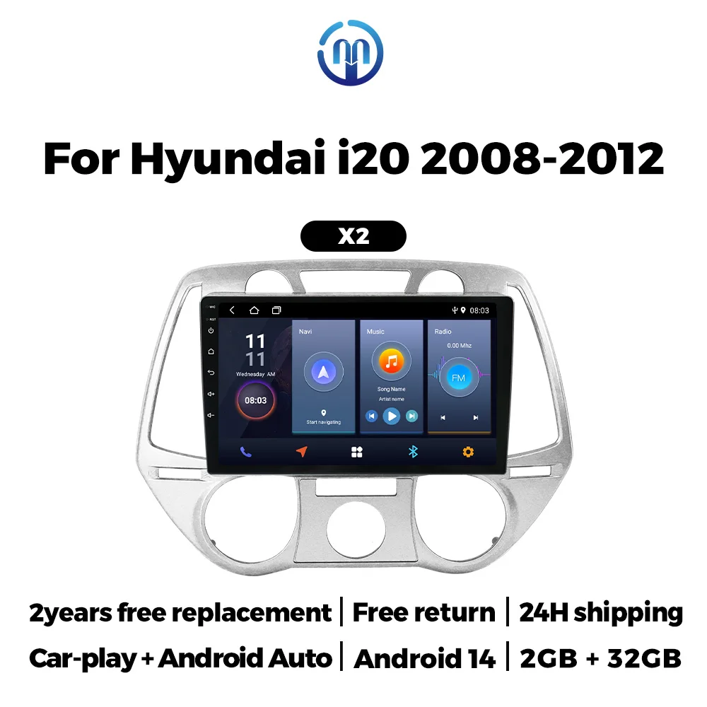 Wireless Carplay Android Auto Radio 2+32G For Hyundai I20 2008 2009 2010 2011 2012 Car Stereo Multimedia Player GPS RDS WIFI SWC