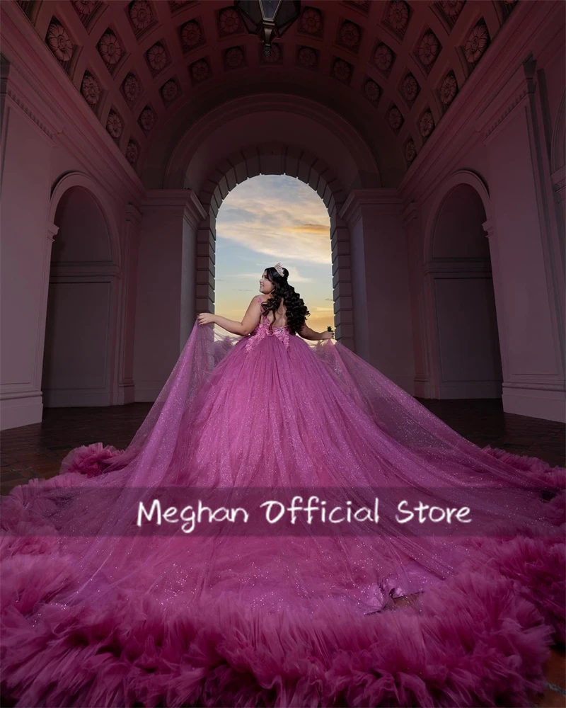 فساتين Fuchsia O N Quinceanera فستان حفلة مطرز بالخرز فستان فاخر لعيد الميلاد فستان تخرج مكشكش حلو 15 مخصص #6