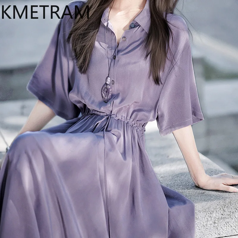 

KMETRAM 100% Mulberry Silk Dresses Woman Mid Length Shirt Collar Dresses for Woman Clothes High Quality Summer New in Dresses