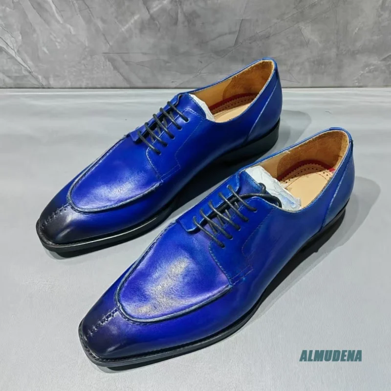 Bright Blue Gradient Polished Faux Leather Square Toe Lace-Up Men's Oxford Shoes Urban Formal Party Wedding Dress Shoes