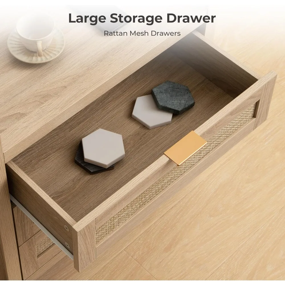 Rattan Nightstand Bedside Table - Larger Night Stand with Type-C Charging Station, 3 Drawers Storage - Boho Night Stands