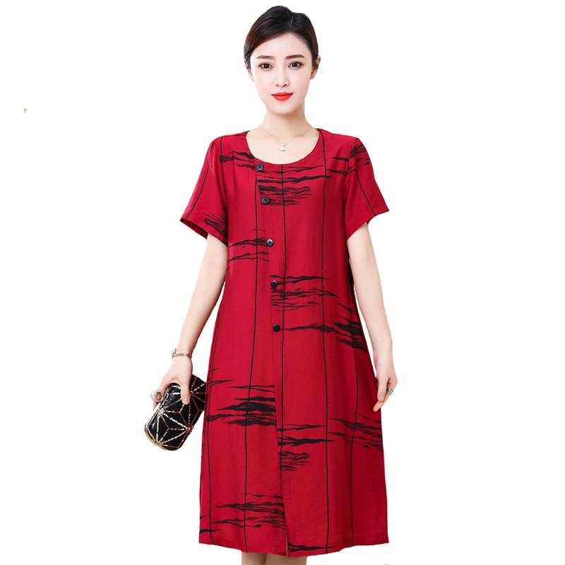 Women's Printed Midi Dress Summer Korean Fashion Short Sleeve Loose Everyday Dresses For Women Casual Femal Vintagee Beach Dress