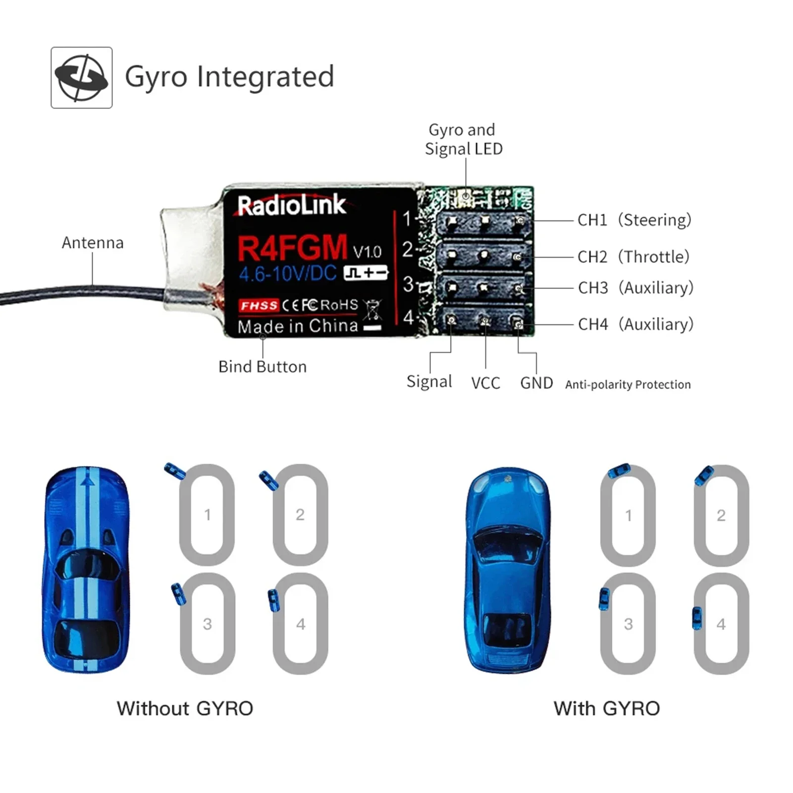 Radiolink R4FGM 4 Channel Mini Receiver with Gyro for Radio RC4GS V2 RC6GS V2 Remote Controler 1:28 1:64 RC Drift Car