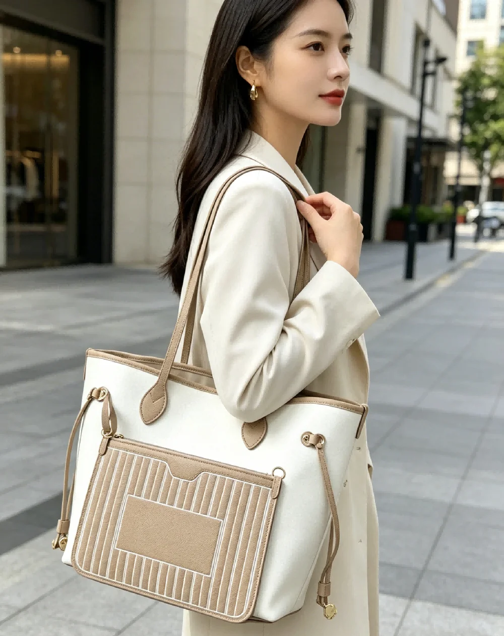 

Вместительная женская сумка-тоут из кожи бежевого и белого цветов с контрастными вставками, модная сумка через плечо с завязками для работы и путешествий