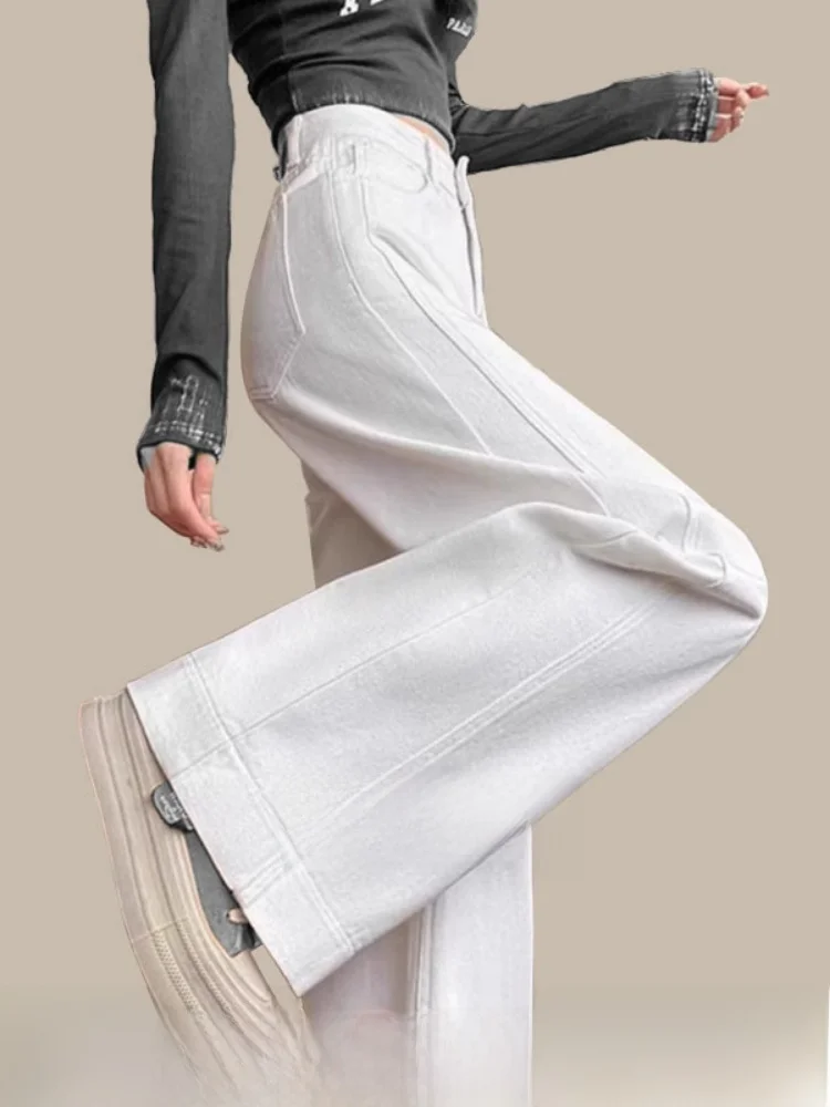 

White Wide Leg Jeans Women's Anti-Wrinkle High Waist Loose Straight Cut Floor-Length Denim Pants Casual Waed Stand Fit