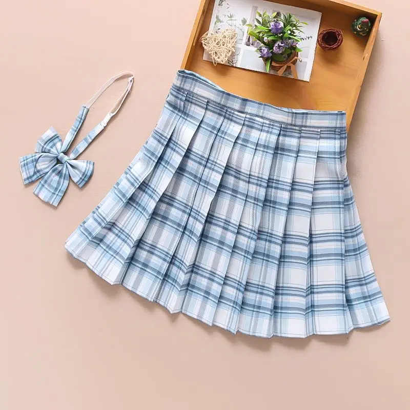 Adjustable Women High Waist Plaid Mini Skirt With Bowtie Woman Short Pleated Skirts Kawaii Female Harajuku Chic Ladies Skirts