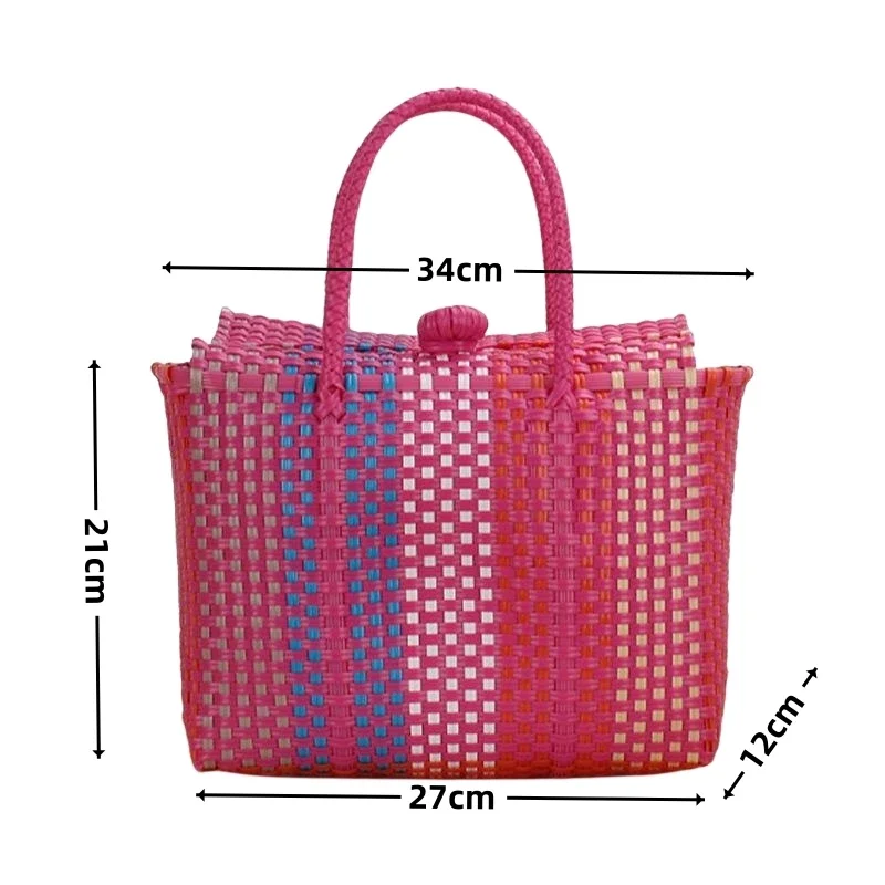 Large Capacity Plastic Woven Tote Bag Hand Woven Plaid Pattern Women\'s Handbag Summer Travel  Picnic Beach Bag Contrasting Color