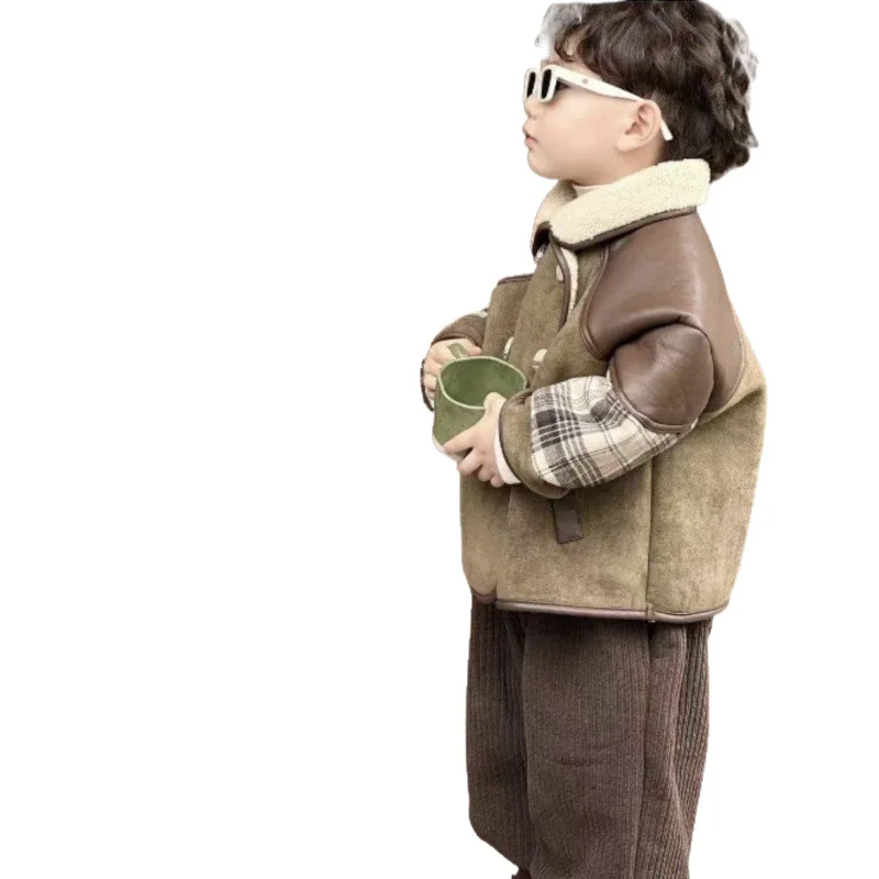 Boys New Winter Maillard Korean Version Alpaca Fleece Color Blocked Plaid Jacket Fashion and Versatile Vintage
