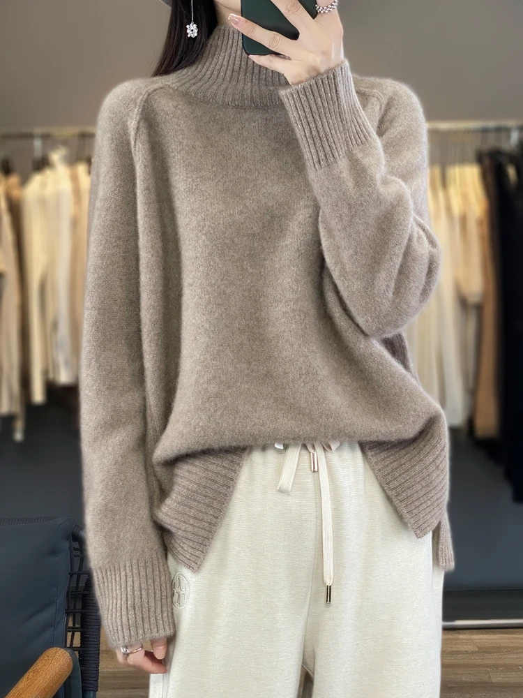 

Autumn Winter Thick Women's Wool Sweater Mock Neck Pullover 100% Merino Wool Soft Warm Casual Cashmere Knitwear Loose Korean Top