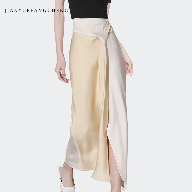 Mode Seidige Satin Gerade Lange Rock Frauen Hohe Taille Farbe Blockieren Beige Chiffon Elegante Fließende Ankle-Länge Röcke