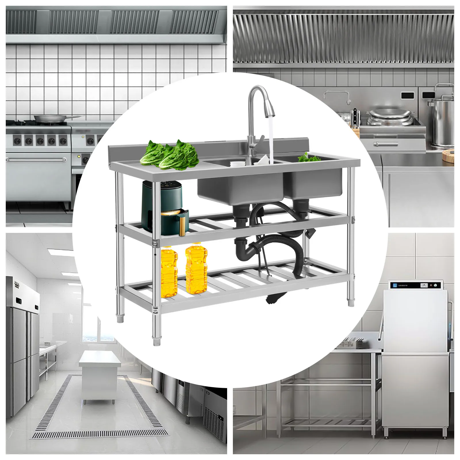 مطعم تجاري بالوعة المطبخ فائدة بالوعة الفولاذ المقاوم للصدأ وعاء مزدوج بالوعة الساخن + الباردة سحب التدريجي صنبور زر التحكم في التدفق #2