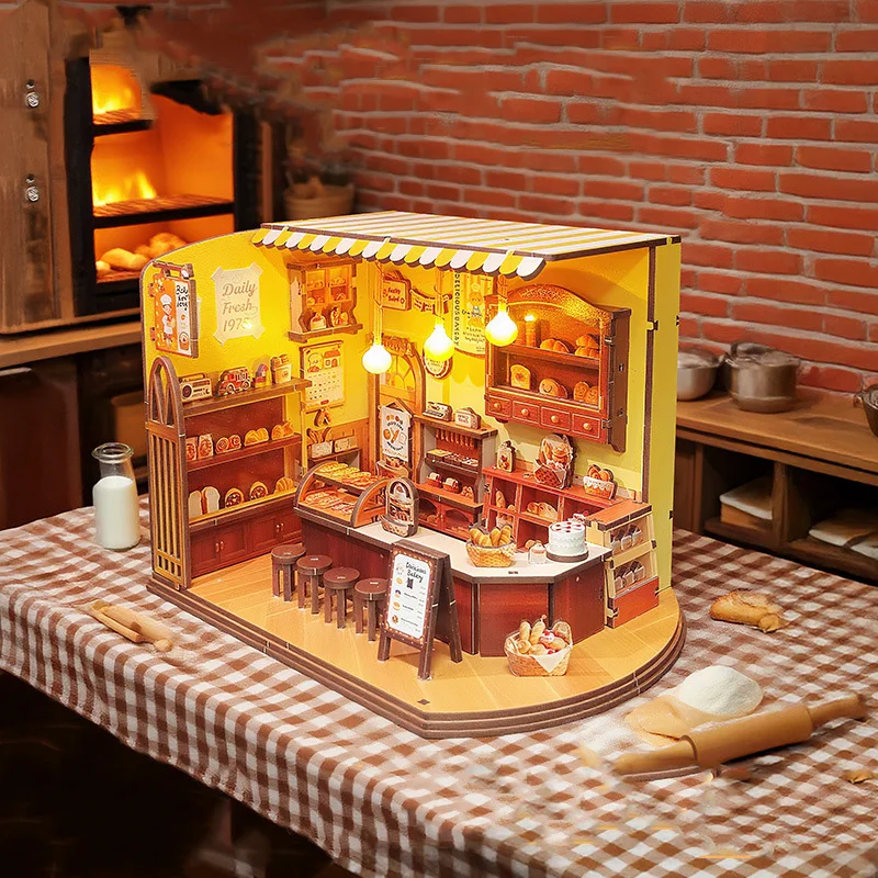 DIY 목재 미니어처 빌딩 키트 타임 베이커리 코티지 인형 집 가구와 조명 포함 친구 생일 선물용