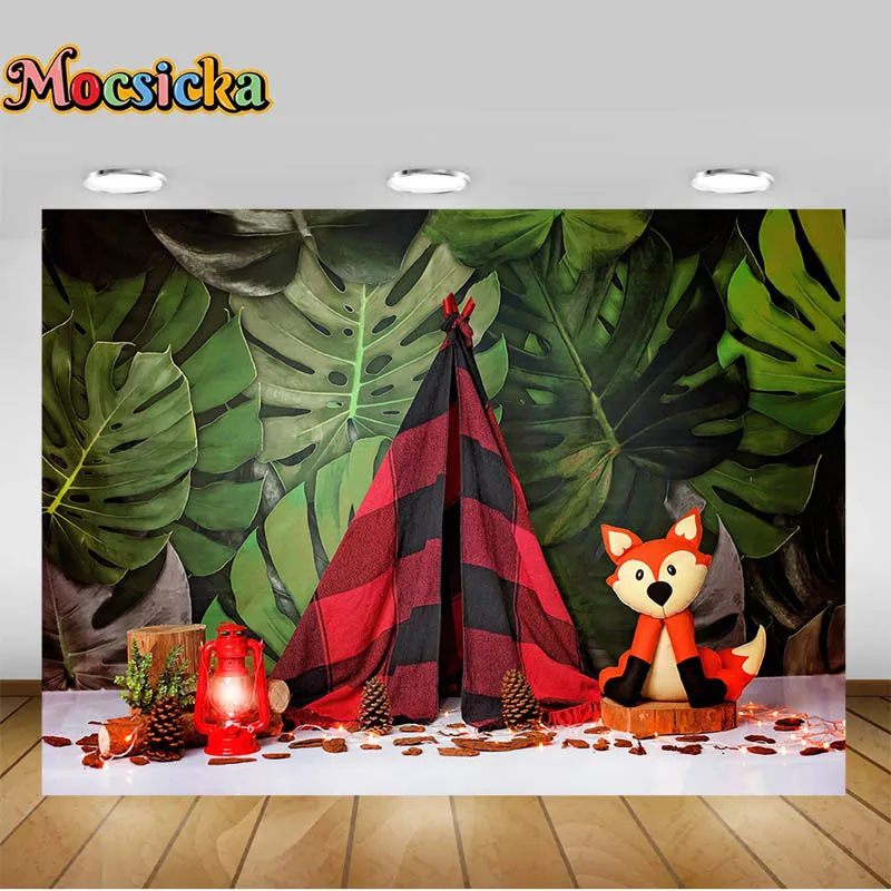 Mocsicka Jungle Theme Backdrop Palm Leaves Red Fox Tent Newborn 1st Birthday Portrait Photography Backgrounds Photo Studio