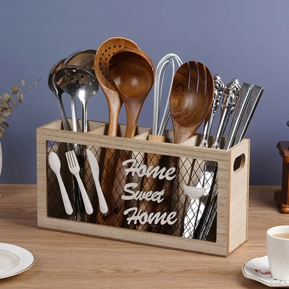 European Wooden Tableware Storage Box Fork Knife Stand Spoon Cutlery Storage Holder Drain Rack Kitchen Accessories Organizer