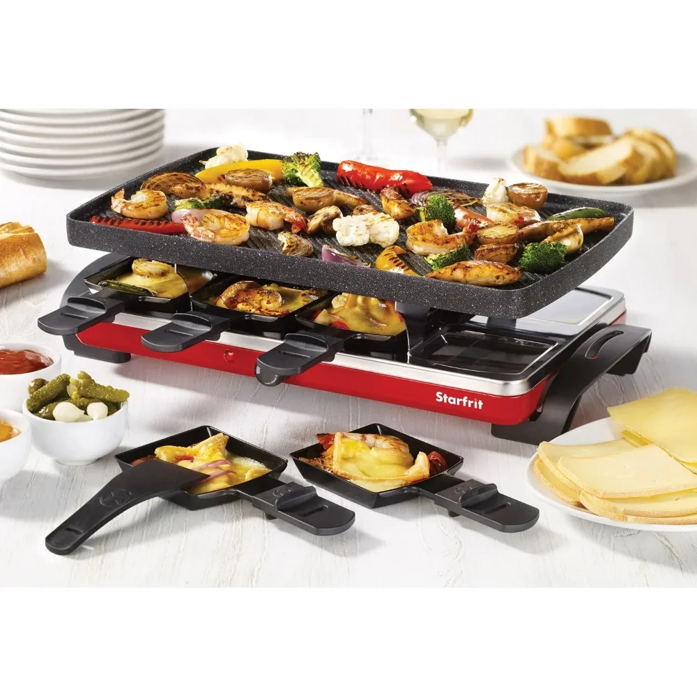 

THE ROCK by Raclette Party Grill Set, 16 x 9.5 Nonstick Reversible Griddle/Grill Plate, 8 Dishes, 1,500W, Black