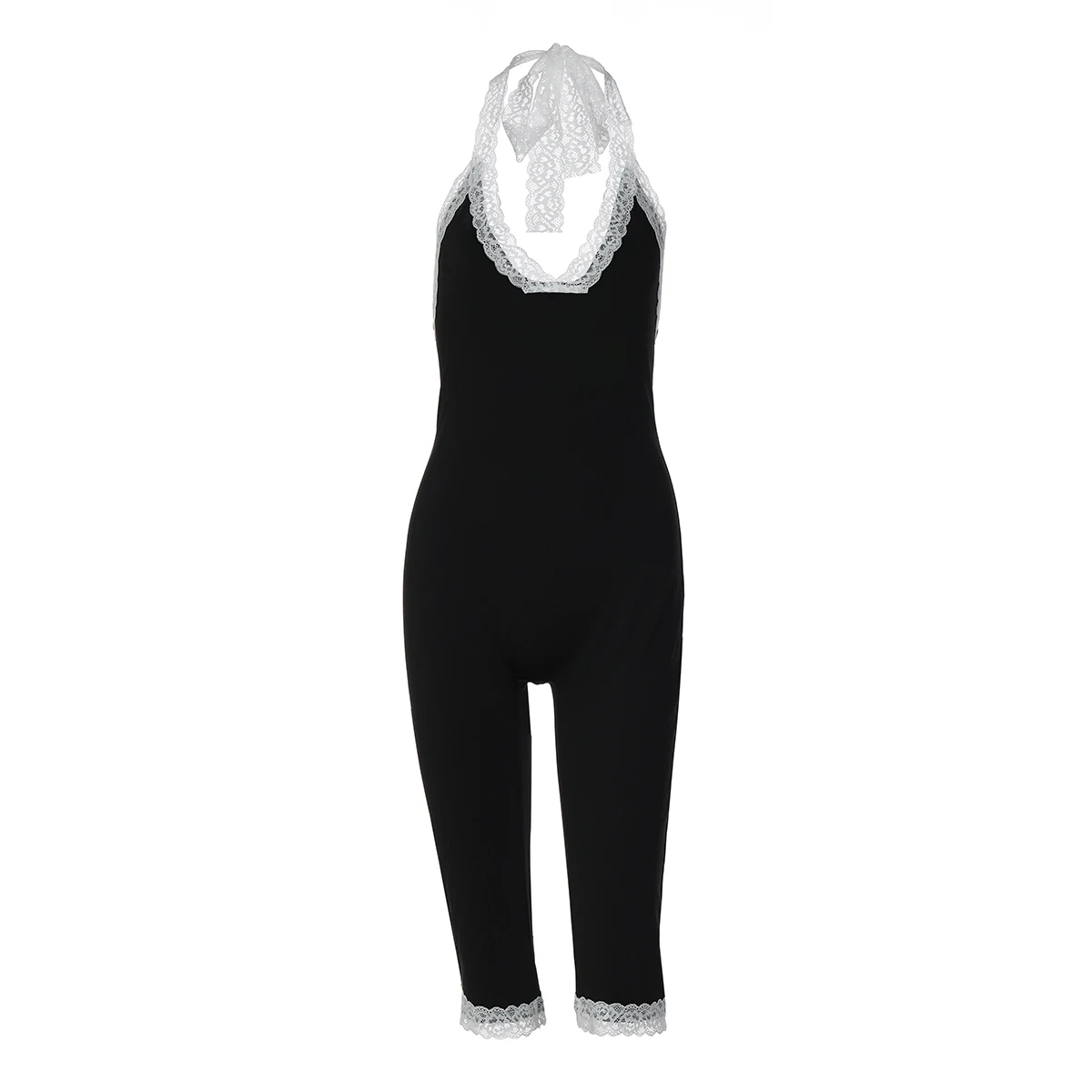 Hugcitar Farbblock-Playsuit mit Neckholder, rückenfrei, Patchwork-Spitze, Bandage-Playsuit, modischer Damen-Einteiler, Streetwear, Urlaub, Fitness – Detail 3