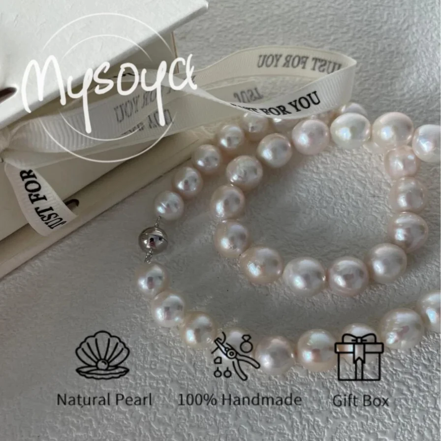 

MYSOYA 9-11mm Large Natural White Freshwater Pearl Necklace For Women And Men Gift Box Birthday Wedding Anniversary Jewelry Gift