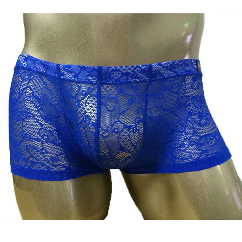 Men's Lace Underwear Transparent Boxer Shorts U Pouch Sexy Lingerie Super Hot Sissy Underpants Male Boxershorts Purple