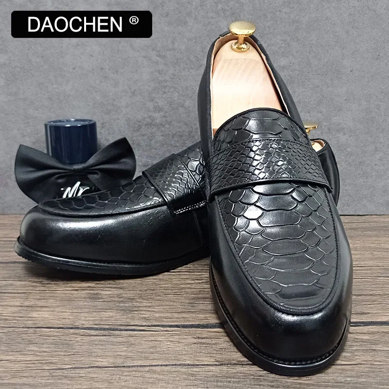 LUXURY MEN LOAFERS SHOES BLACK BROWN SLIP ON SNAKE PRINT CASUAL DRESS MAN SHOES WEDDING OFFICE BANQUET GENUINE LEATHER SHOES MEN