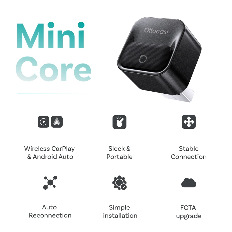 Ottocast Mini Core Wireless CarPlay & Android Auto Adapter 2-in-1 Wired to Wireless 2026 NEW USB Dongle Plug & Play Fast Connect