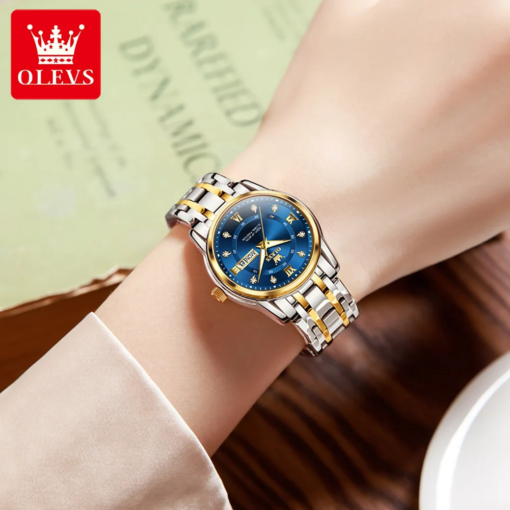 OLEVS 5513 ساعة نسائية أصلية أنيقة كوارتز ساعة مقاومة للماء مضيئة تاريخ الأسبوع ساعات لصندوق هدايا المرأة