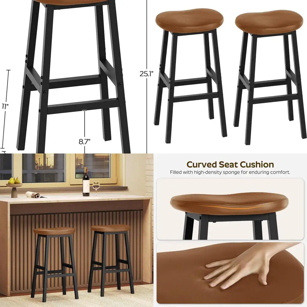 Pair of Saddle-Style Bar Stools, Brown & Black, Curved Seat, Counter Height, with Footrests, Suitable for Kitchen, Dining, and L