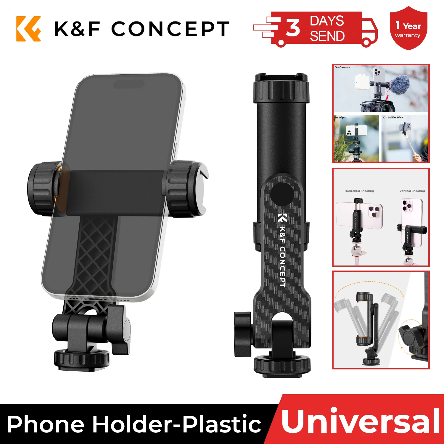 K&F Concept Phone Holder Clamp With Two Cold Shoe Mount 360° Universal Cell Mobile Phone Clip Stand For iPhone Samsung Xiaomi