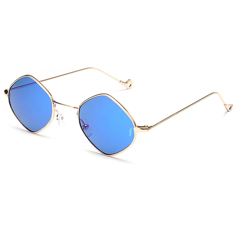 Geometric Hexagonal Sunglasses For Women Gold Metal Frame Blue Mirror Lens UV400 Fashion Sun Shades