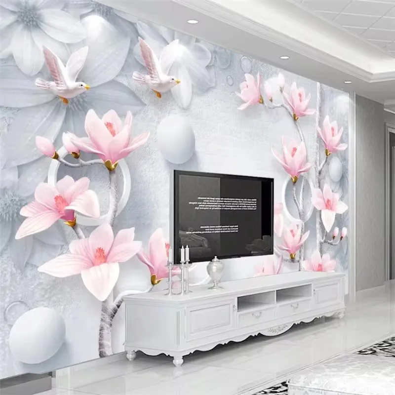 

Customized wallpaper 3D fresh and elegant embossed Mulan living room sofa TV background wall decoration painting mural