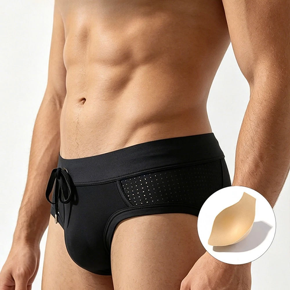 2026Cross-border new men's solid color triangle swimming trunks mesh splicing with cup three-dimensional beach 380