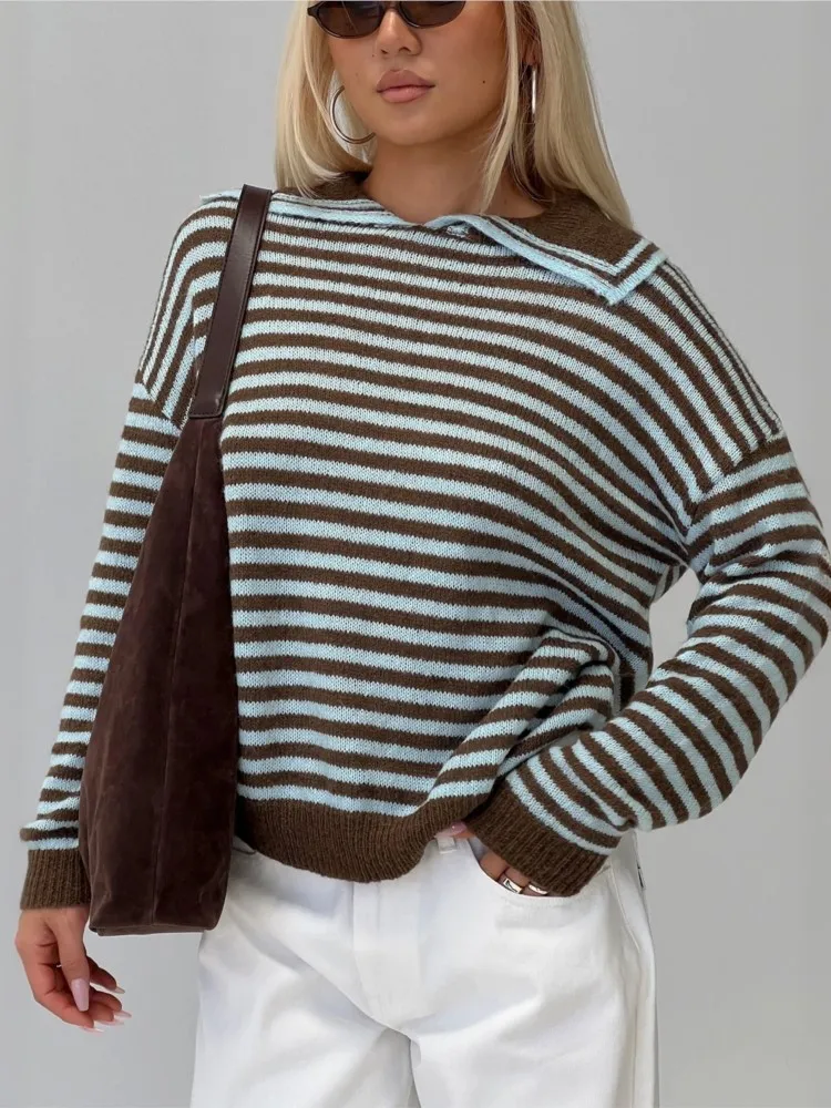 

Knitted Sweater Striped Pullovers Winter Clothes Woman Long Sleeves Fall Comfortable Simple Style All-match Home Clothing Casual
