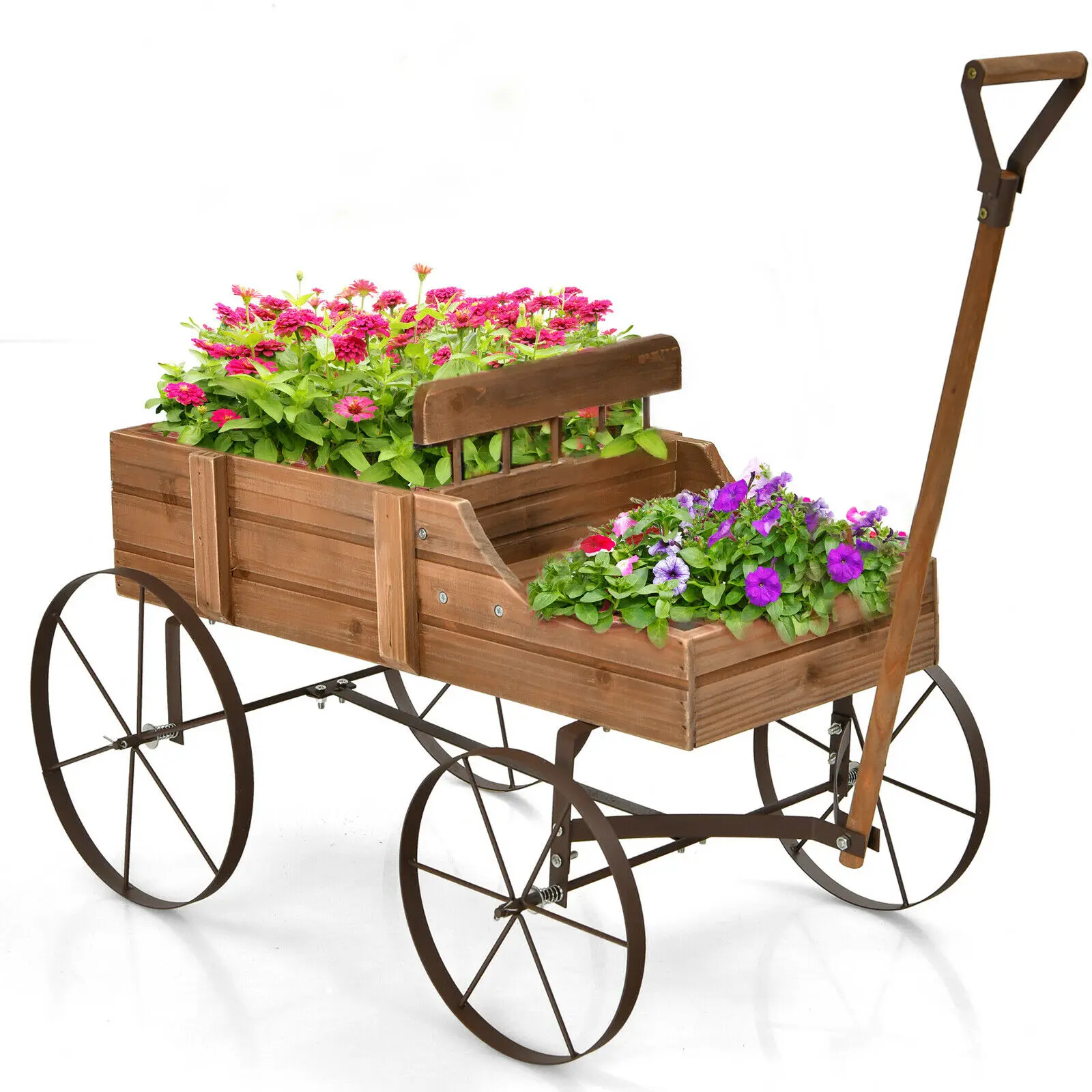 Patiojoy Wooden Garden Flower Planter Wagon Plant Bed W/ Wheel Garden Yard Brown