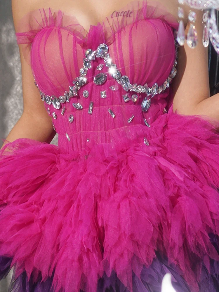 Moda rosa vermelha malha noite casamento baile de aniversário strass fotografia tutu vestido sexy desempenho dança traje palco wear