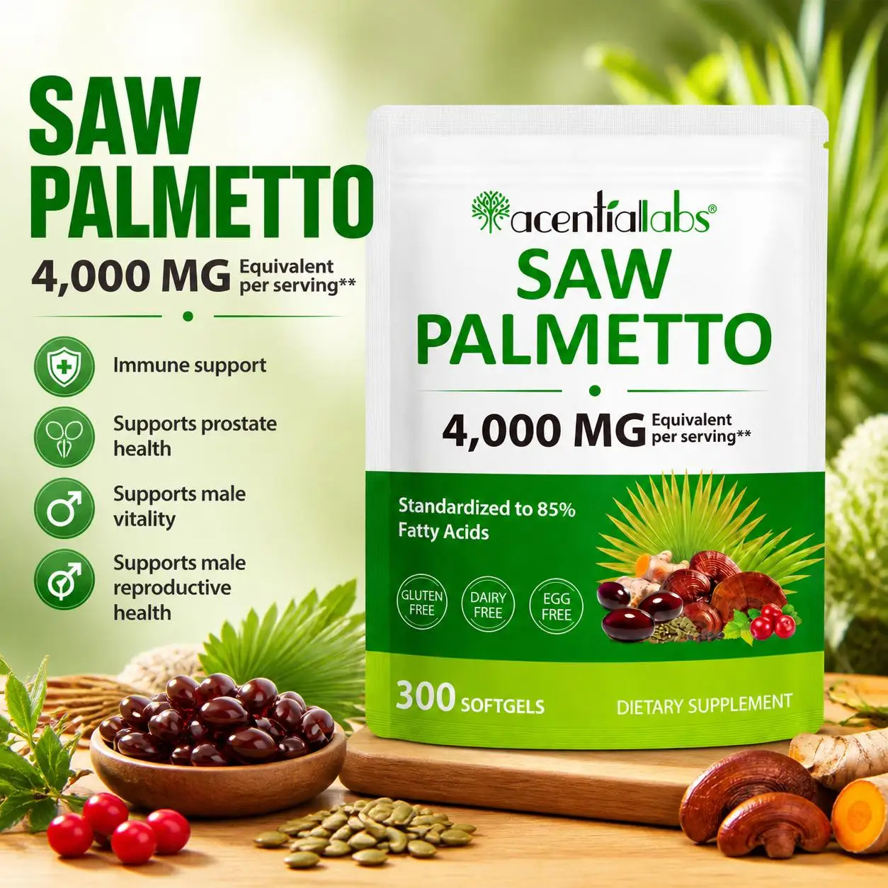 Saw Palmetto Softgels with 85% Standardized Free Fatty Acids for Prostate Health Male Vitality Support, 300 Softgels, for Men
