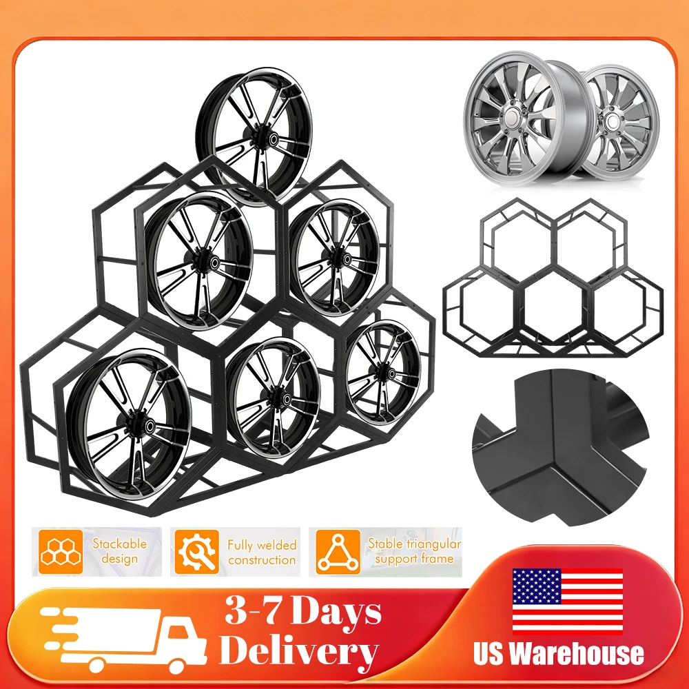 

Hexagon Wheel Rim Display Rack Stackable Space Saving Steel Tire Holder Stable Triangular Base for Garage Auto Accessory Store
