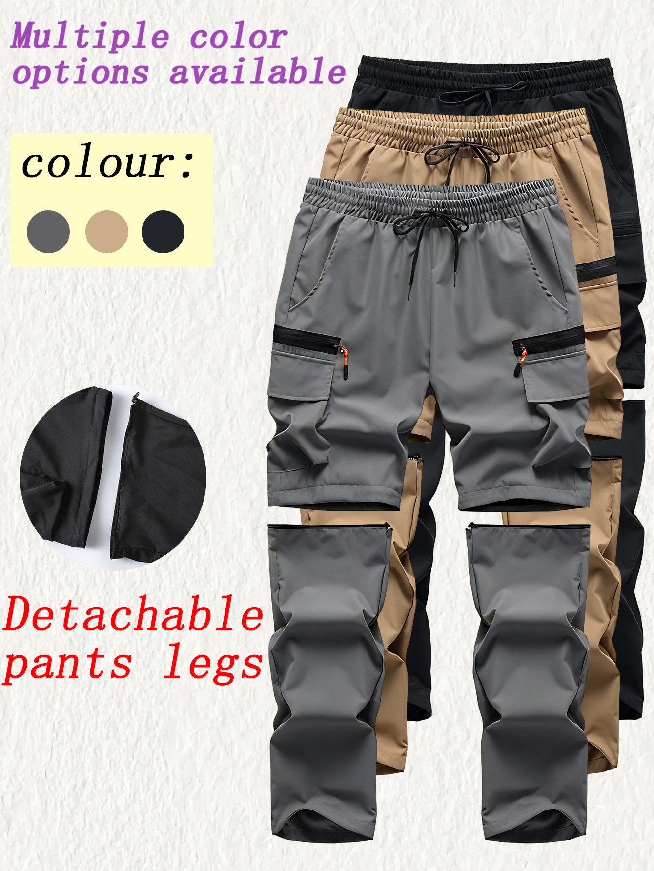

Men's Spring Autumn Convertible Cargo Pants with a drawstring elastic waist for easy adjustment ideal for hiking and excursions.
