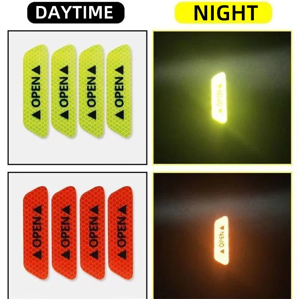 4PCS Car Door Open Reflective Stickers Night Warning Mark Tape Auto Vehicle Luminous Decals Safety Sticker DIY Install Adhesive