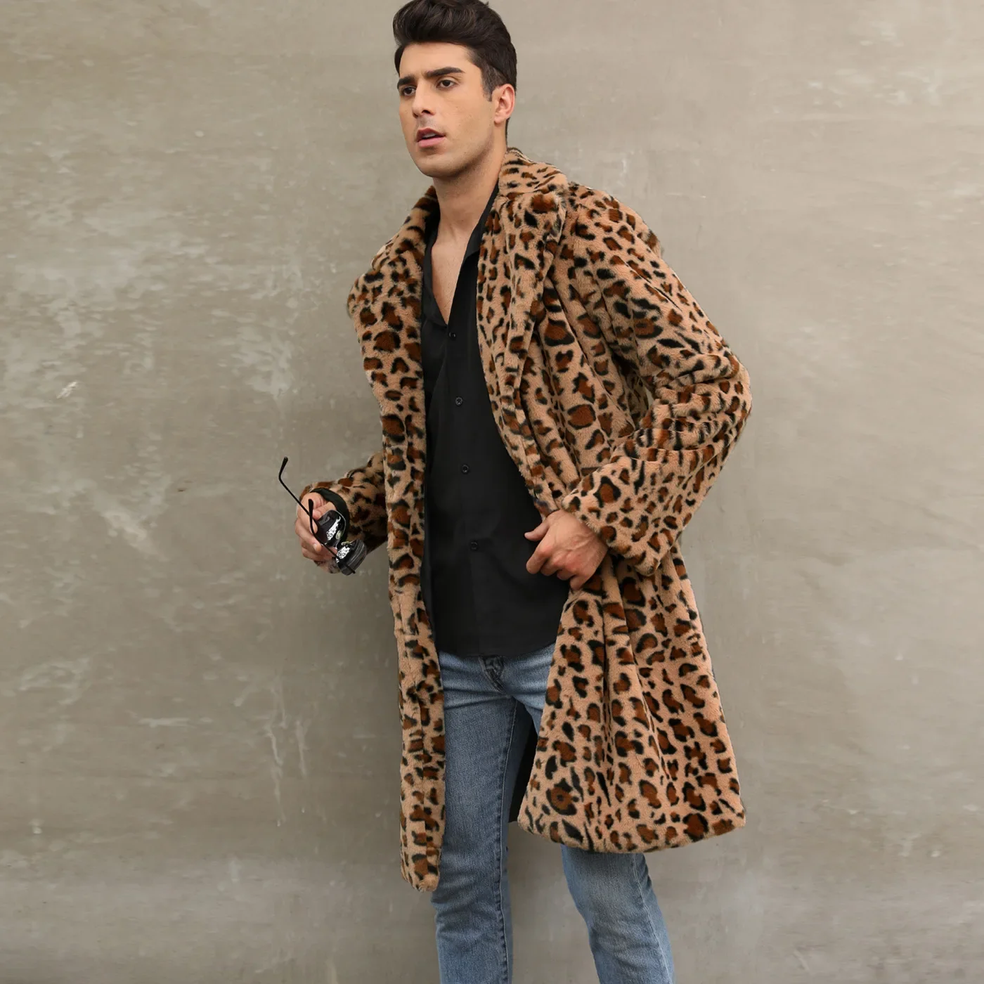 Chaqueta de piel sintética para hombre, de manga larga de leopardo abrigo grueso, abrigos cálidos, ropa de abrigo peluda, chaqueta de piel de lujo,