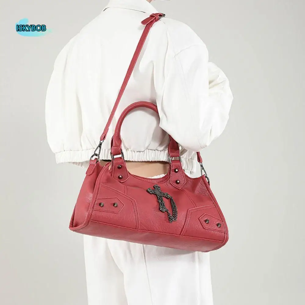 

PU Leather Gothic Cross Crossbody Bag Large Capacity Retro American Style Locomotive Style Underarm Bag Fashion Design